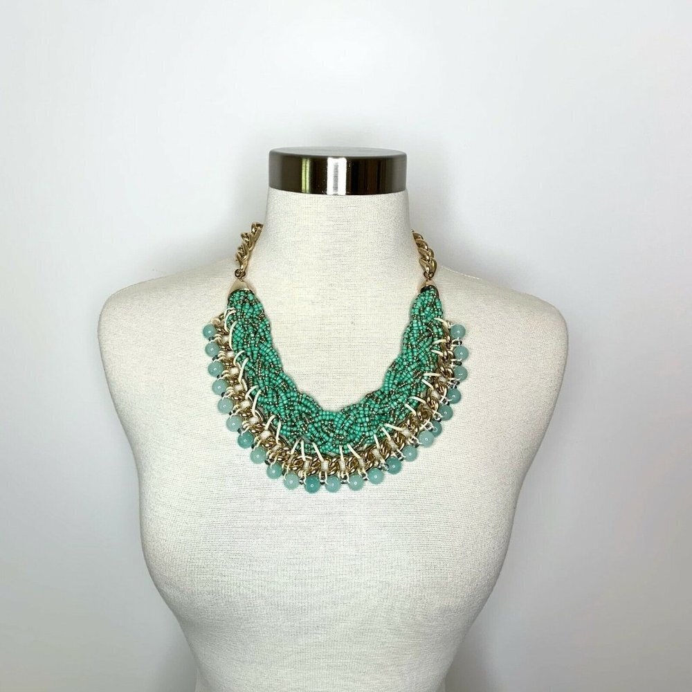 Statement Necklace Gold Mint Green Chain Braided Beads